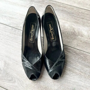 Evan Picone Black Full Leather Peep Toe Pumps Made in Spain